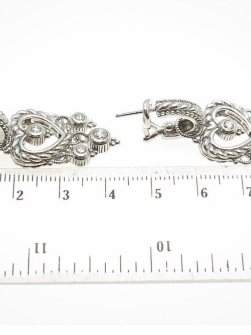 Silver tone Heart Drop Earrings - with round cut shape C Z Heart dangle earrings - Picture 4 of 11